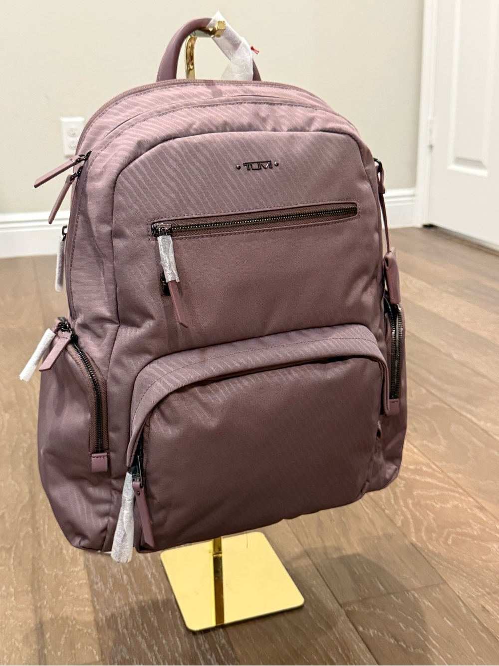 Tumi Mauve Pink Caren Backpack Fits 15” Laptop with multiple components